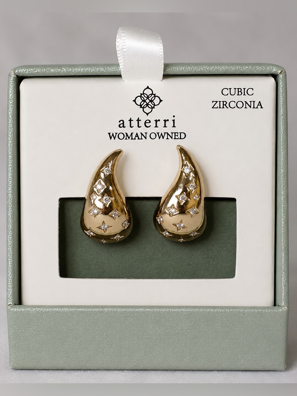 Atterri NWT Gold Tone Teardrop Starburst Earrings Cubic Zirconia CZ Chunky Box